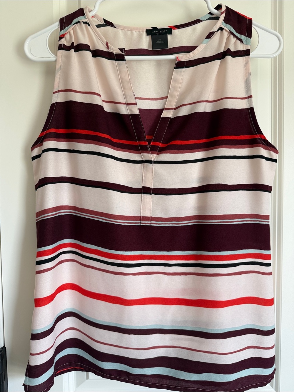 Ann Taylor Striped Sleeveless V-Neck Top - Blush, Burgundy, Red